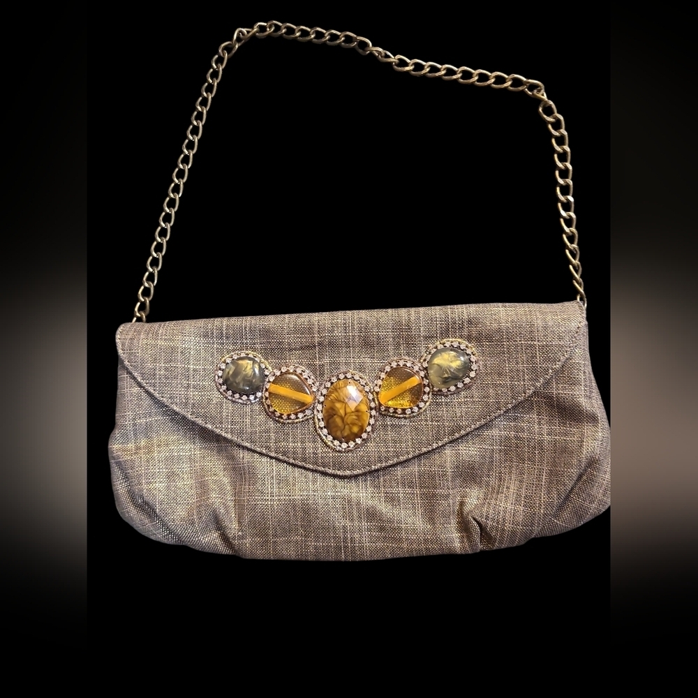 Chico's Metallic Gold-Beige Jeweled Evening Clutch